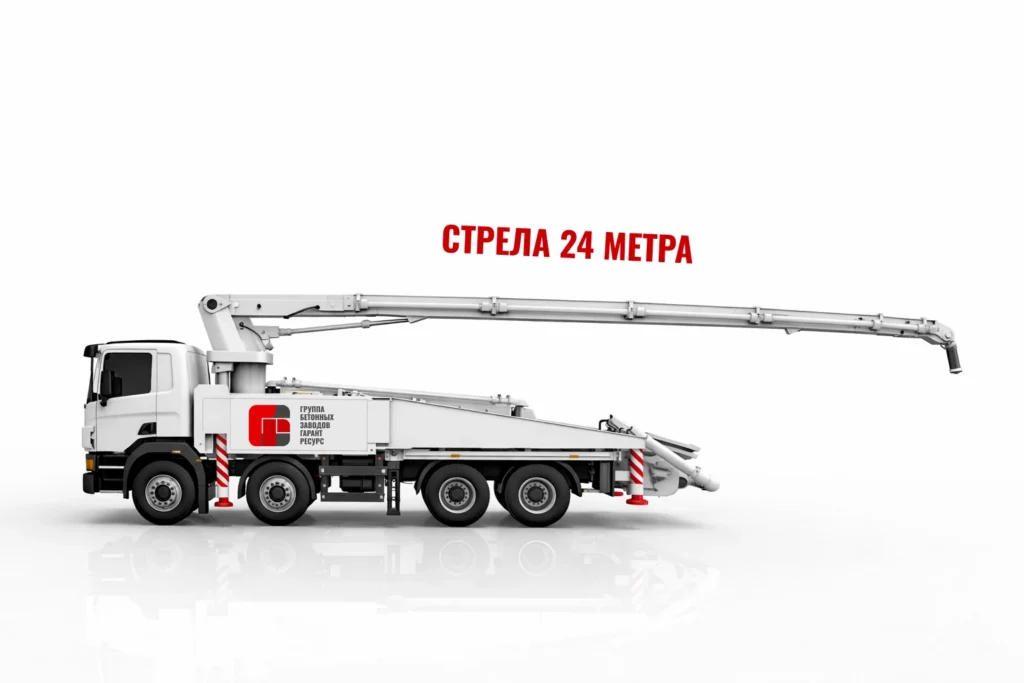 Автобетононасос со стрелой 24 м для подачи бетона на строительном объекте в Белоозёрском